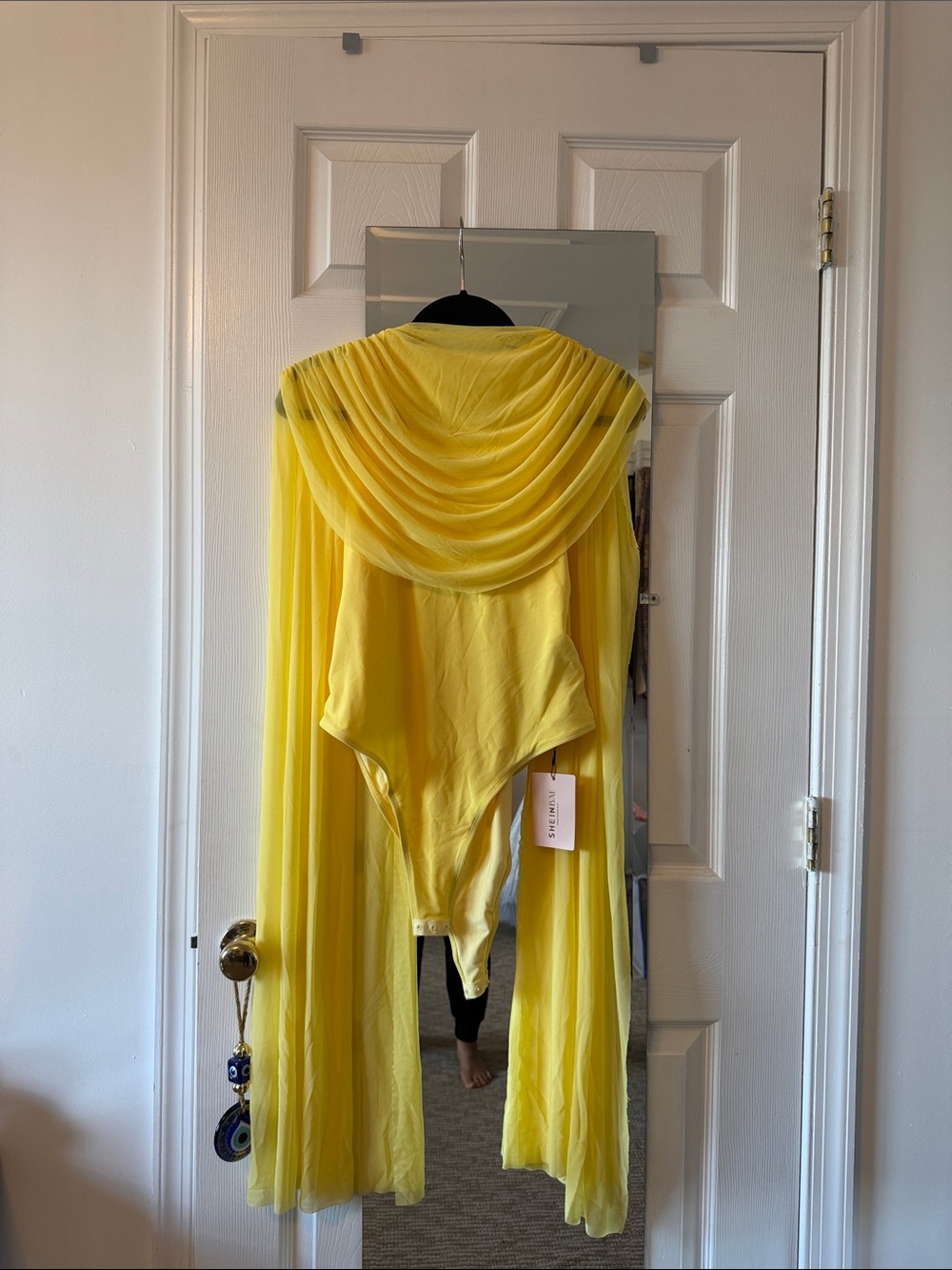 SHEIN Yellow Sheer Chiffon Bodysuit with scarf drape